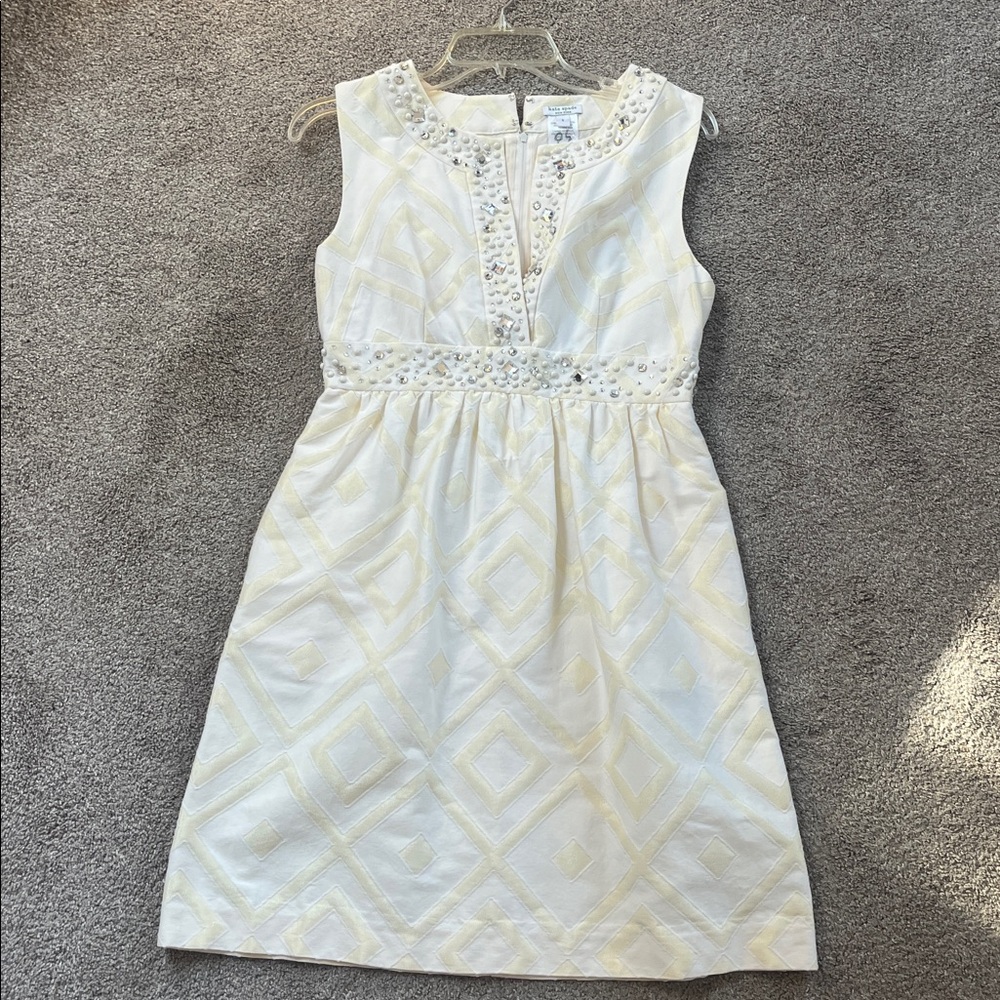 🌼🌻RARE kate spade rhinestone beaded yellow cream fitted SILK Lined sheath sz6